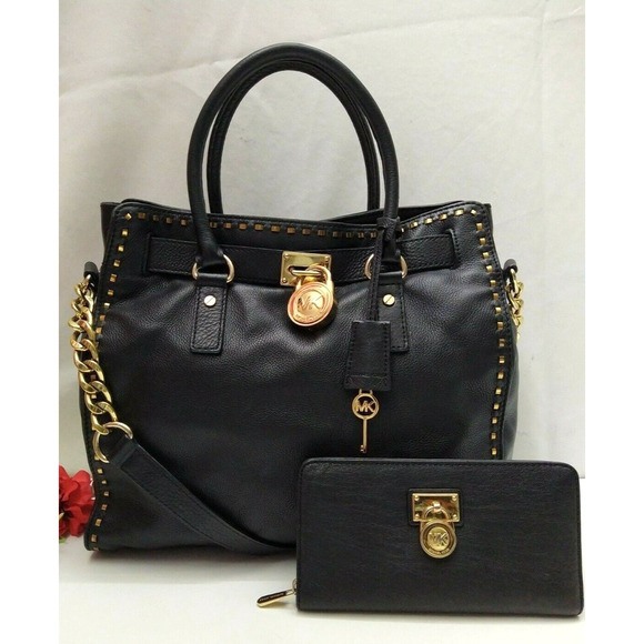 Michael Kors Hamilton Black Leather Satchel Shoulder Bag w/ Matching Wallet - Picture 1 of 13